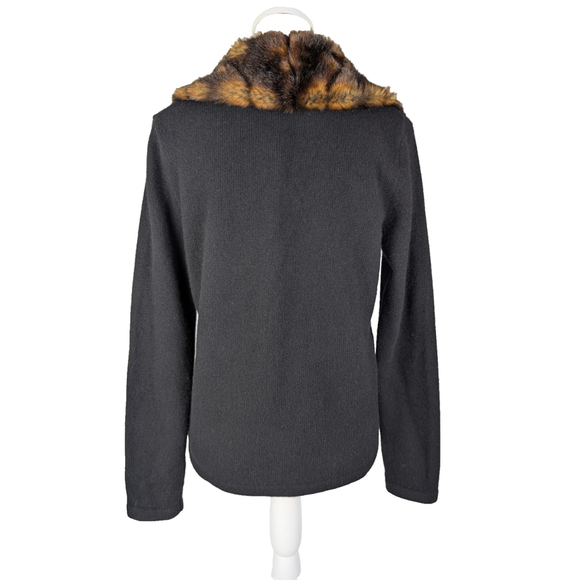 Lauren Ralph Lauren Cable Knit Cardigan Sweater M Black Old Money Equestrian Fur - Picture 4 of 10